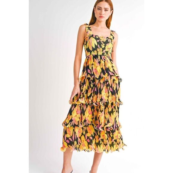 Reset By Jane Yellow Floral Midi Dress size S NWOT$160 - Picture 1 of 9